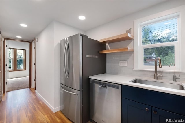 1805 Cheyenne Blvd, Colorado Springs, CO 80906 - kitchen with appliances with stainless steel finishes, a sink, blue cabinetry, a healthy amount of sunlight, and light wood-type flooring
