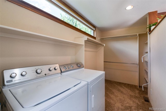 1805 Cheyenne Blvd, Colorado Springs, CO 80906 - laundry area featuring washing machine and clothes dryer, recessed lighting, laundry area, and dark carpet