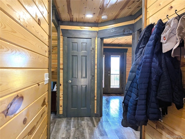 1857 Sturm Ln, Fort Garland, CO 81133 - foyer with wood walls, wood finished floors, wood ceiling, and recessed lighting