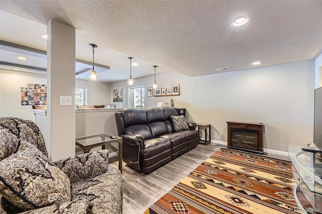 living room featuring hardwood / wood-style floors and a textured ceiling