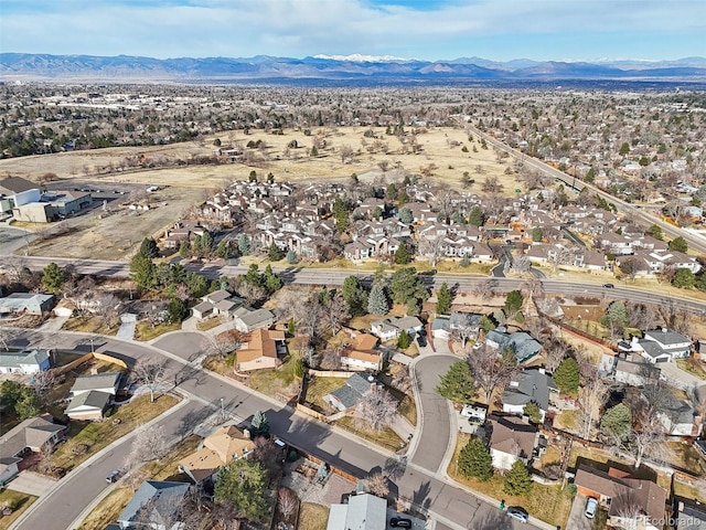 aerial view featuring a mountain view and a residential view