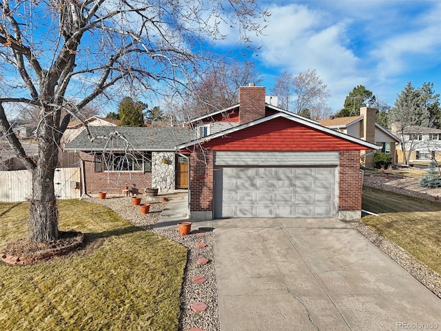 view of front facade with brick siding, driveway, and a front lawn