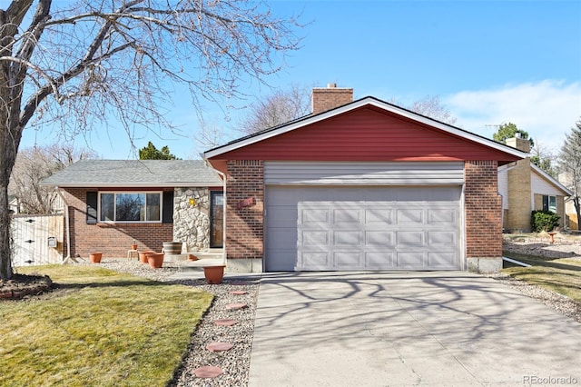 ranch-style home featuring an attached garage, brick siding, driveway, and a chimney