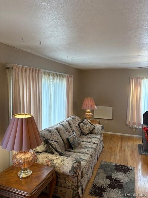 living area with light wood-style floors, a textured ceiling, and baseboards