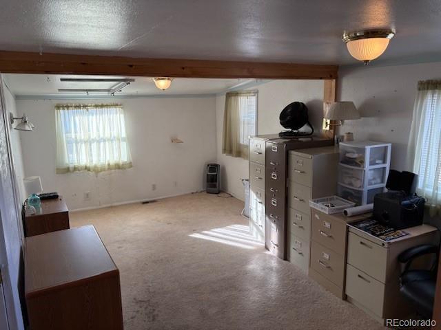 office space featuring light carpet and beam ceiling