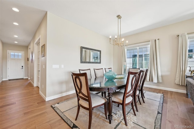 6980 S Yantley Ct, Aurora, CO 80016 - dining room with a chandelier, baseboards, light wood-style flooring, and recessed lighting