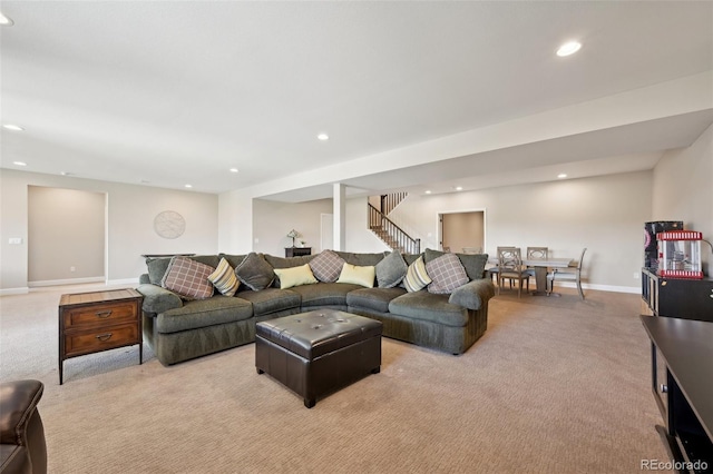 6980 S Yantley Ct, Aurora, CO 80016 - living area featuring light colored carpet, recessed lighting, stairway, and baseboards