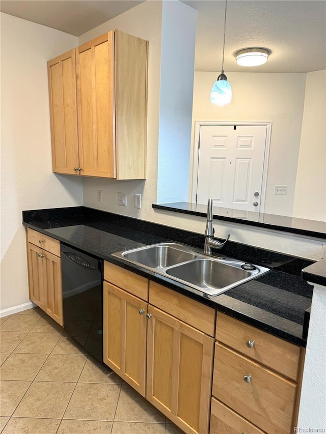 17346 Nature Walk Trl Unit 105, Parker, CO 80134 - kitchen with black dishwasher, a sink, light brown cabinetry, and dark countertops
