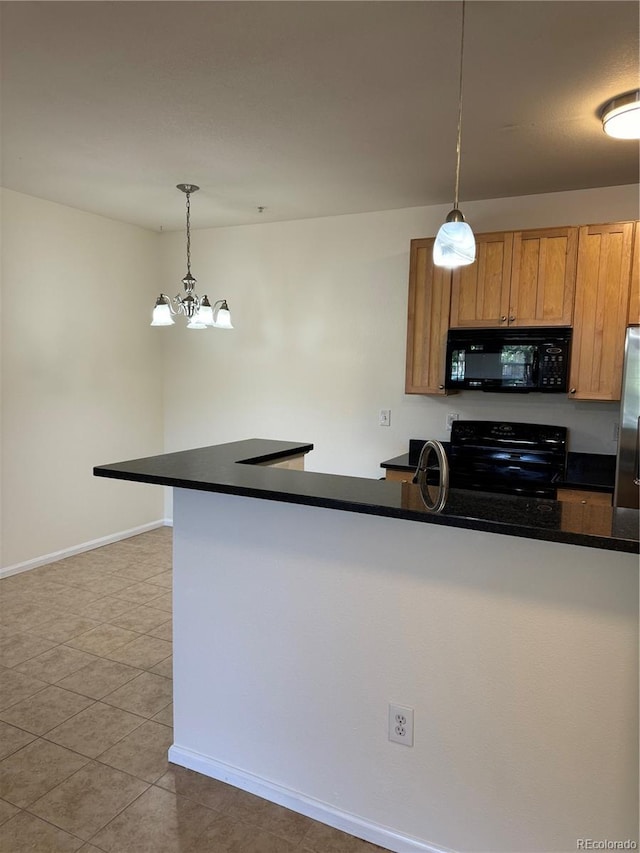 17346 Nature Walk Trl Unit 105, Parker, CO 80134 - kitchen featuring black microwave, range, dark countertops, hanging light fixtures, and baseboards