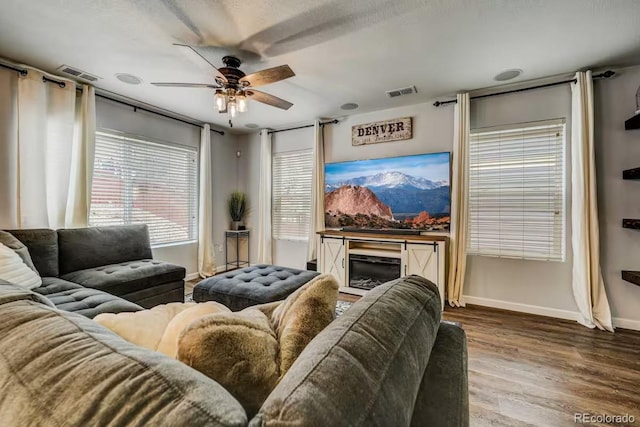 living room with hardwood / wood-style flooring and ceiling fan