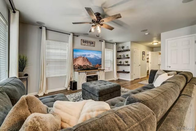 living room with ceiling fan, wood-type flooring, and a wealth of natural light