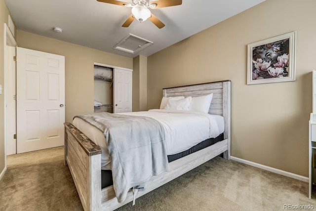 bedroom with carpet floors, ceiling fan, and a closet