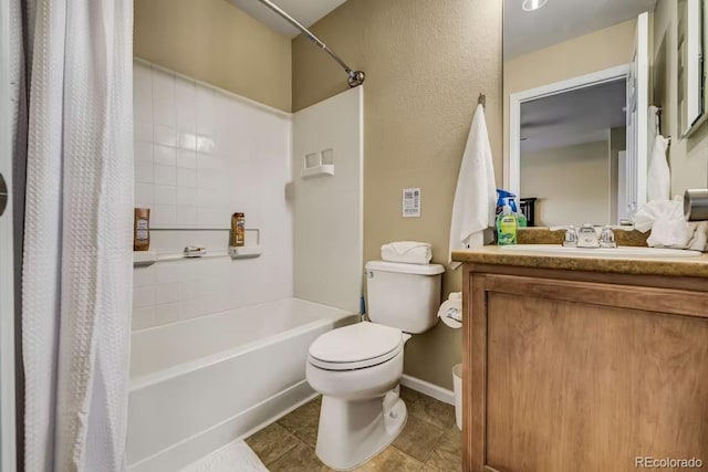 full bathroom with vanity, tile patterned floors, toilet, and shower / bathtub combination with curtain