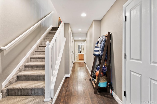997 Burning Bush Pt, Monument, CO 80132 - stairs featuring hardwood / wood-style floors, baseboards, and recessed lighting