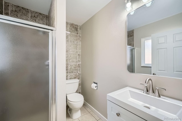 bathroom with a stall shower, vanity, toilet, tile walls, and tile patterned floors