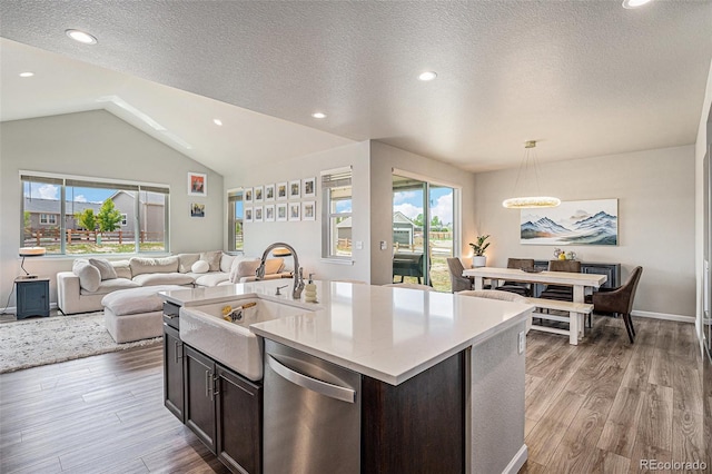4532 Dewey Ln, Brighton, CO 80603 - kitchen with stainless steel dishwasher, a sink, open floor plan, light wood-style flooring, and lofted ceiling
