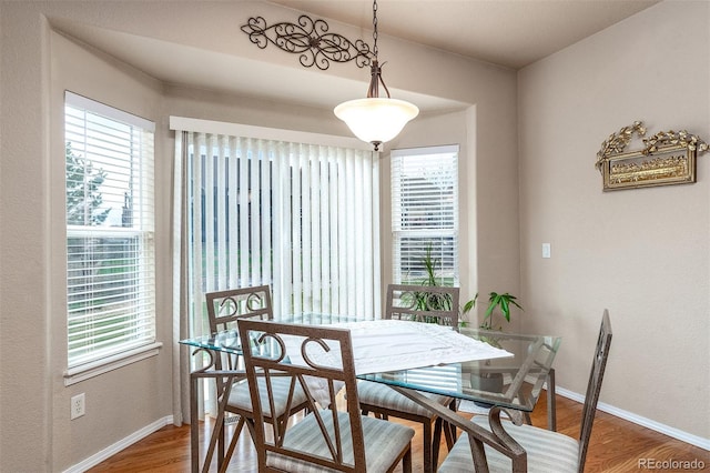 dining area with a textured wall, wood finished floors, baseboards, and a healthy amount of sunlight