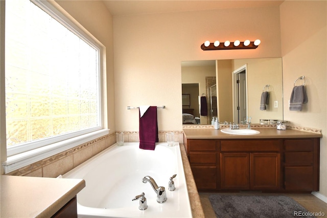 bathroom featuring vanity and a garden tub