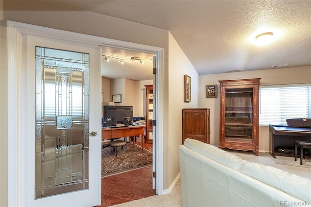 home office with carpet floors, baseboards, and a textured ceiling