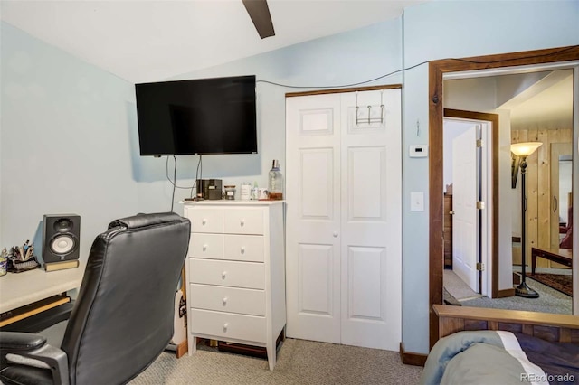351 Badger Cir, Guffey, CO 80820 - home office with light colored carpet, ceiling fan, and vaulted ceiling
