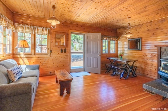 1348 Gcr 64, Grand Lake, CO 80447 - living area featuring a wood stove, wood walls, wood finished floors, and wooden ceiling