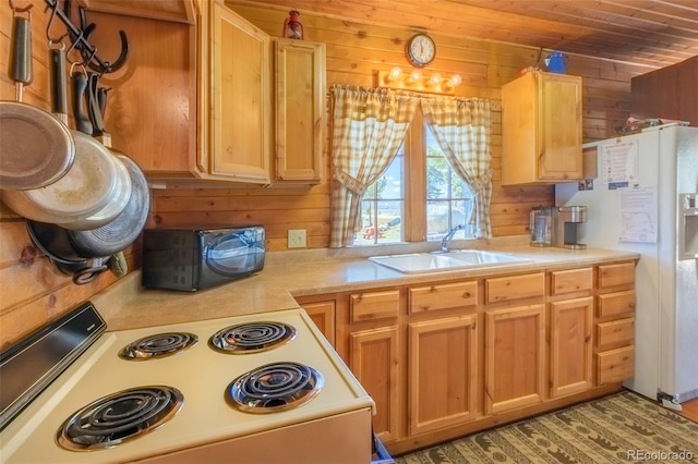 1348 Gcr 64, Grand Lake, CO 80447 - kitchen with white appliances, a sink, wooden walls, light countertops, and wood ceiling