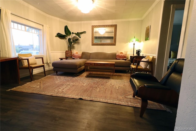 sitting room with ornamental molding and wood finished floors