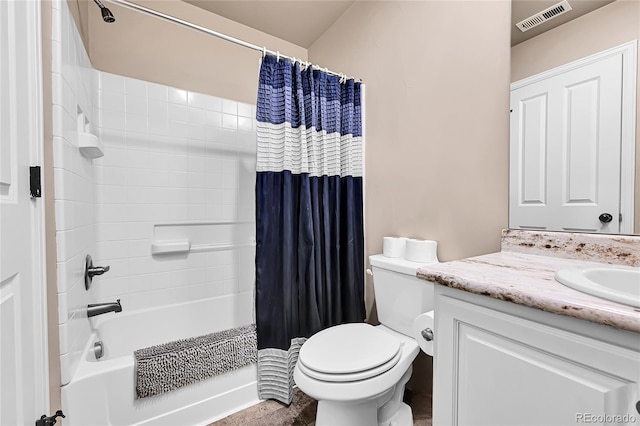 full bath with vanity, shower / bath combination with curtain, toilet, and visible vents