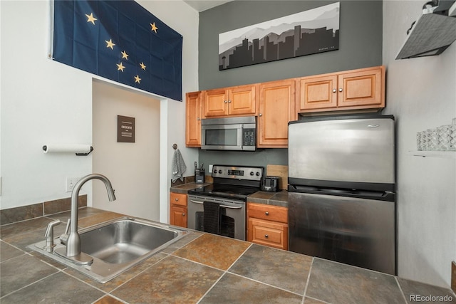 kitchen featuring a sink, stainless steel appliances, and a towering ceiling