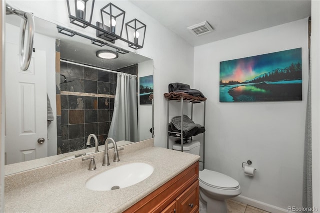 full bathroom featuring vanity, a shower with shower curtain, visible vents, tile patterned flooring, and toilet