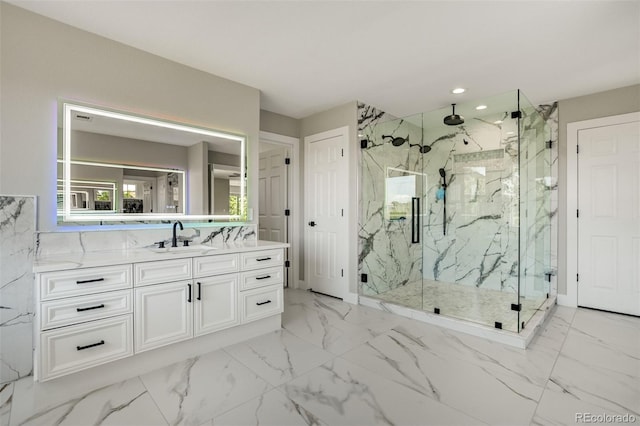 24031 E Hinsdale Pl, Aurora, CO 80016 - full bathroom featuring a marble finish shower, vanity, marble finish flooring, and recessed lighting