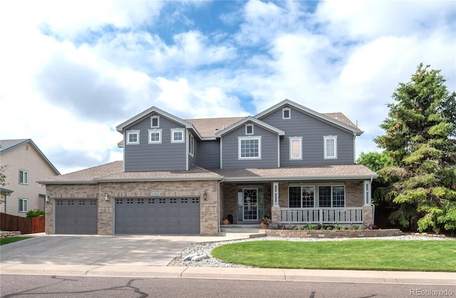 14962 Williams St, Thornton, CO 80602 - view of front of house featuring brick siding, a porch, concrete driveway, a shingled roof, and an attached garage