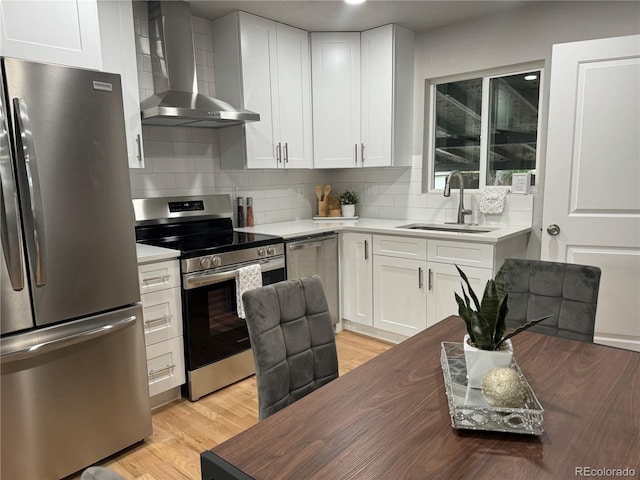 kitchen featuring white cabinets, wall chimney exhaust hood, decorative backsplash, and stainless steel appliances