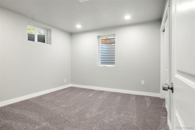 basement with recessed lighting, carpet flooring, and baseboards