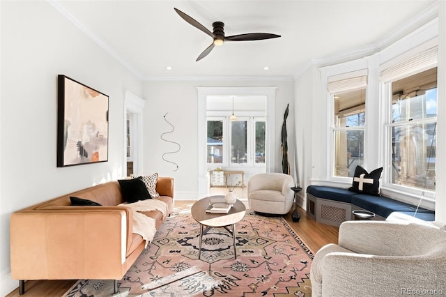 living room featuring ornamental molding, ceiling fan, and light wood-type flooring