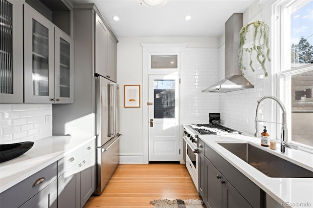 kitchen with high end appliances, wall chimney exhaust hood, gray cabinets, and sink