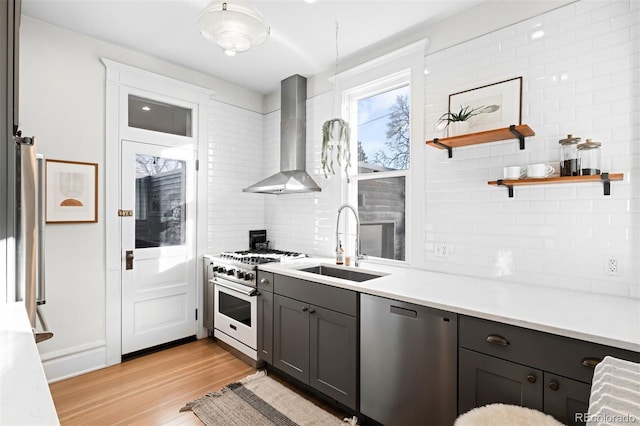 kitchen featuring appliances with stainless steel finishes, sink, backsplash, hanging light fixtures, and wall chimney exhaust hood