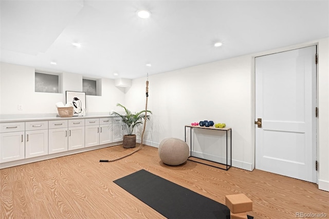 workout room featuring light hardwood / wood-style floors