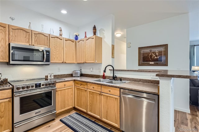 kitchen with kitchen peninsula, stainless steel appliances, light hardwood / wood-style floors, and sink