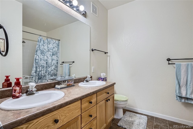 bathroom with tile patterned floors, toilet, vanity, and a shower with shower curtain