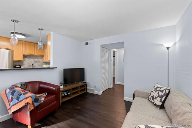 living room featuring dark wood-type flooring and sink