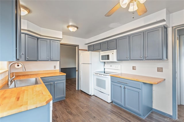 kitchen with white appliances, wood counters, ceiling fan, sink, and dark wood-type flooring