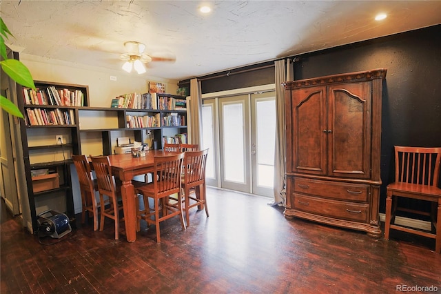 dining space featuring hardwood / wood-style flooring, french doors, and ceiling fan