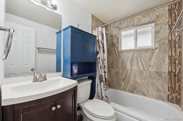 full bathroom featuring shower / bath combo, vanity, a textured ceiling, and toilet