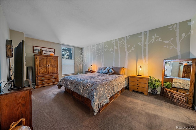 carpeted bedroom featuring wallpapered walls