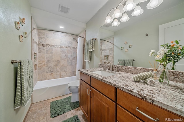 full bathroom with shower / tub combo, visible vents, toilet, tile patterned floors, and vanity