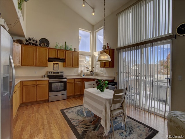 kitchen featuring pendant lighting, high vaulted ceiling, stainless steel appliances, and light hardwood / wood-style flooring