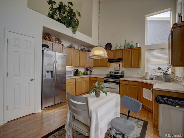 kitchen featuring appliances with stainless steel finishes, sink, a high ceiling, light hardwood / wood-style floors, and hanging light fixtures