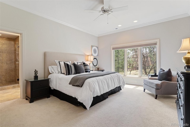 bedroom featuring ornamental molding, ceiling fan, light colored carpet, recessed lighting, and connected bathroom