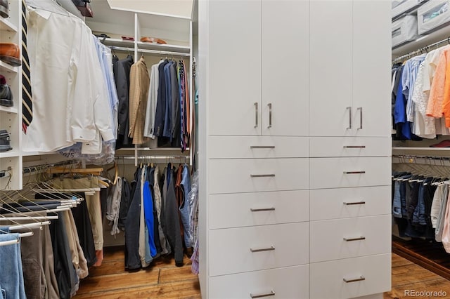 walk in closet with wood finished floors